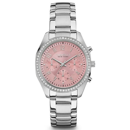 Caravelle Womens Chronograph Stainless Steel Case Silver Bracelet Pink Dial Round Watch - 43L191