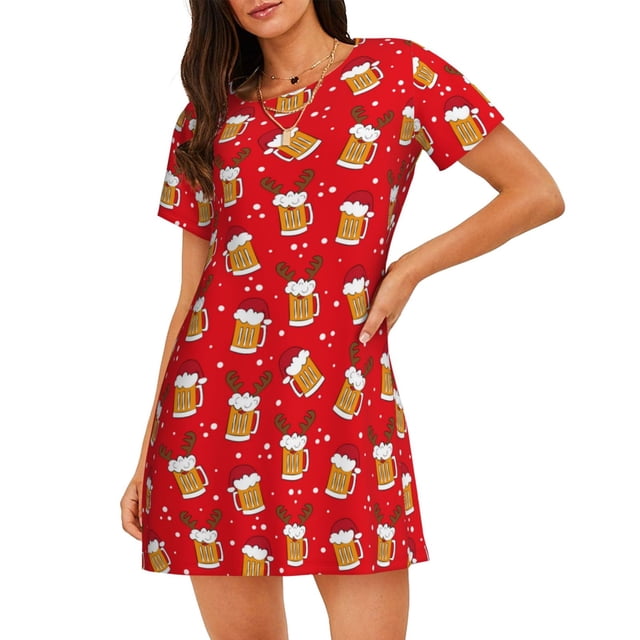 Balery Christmas Hat beer Camisón de manga corta con cuello redondo para mujer, cómodo y elegante.