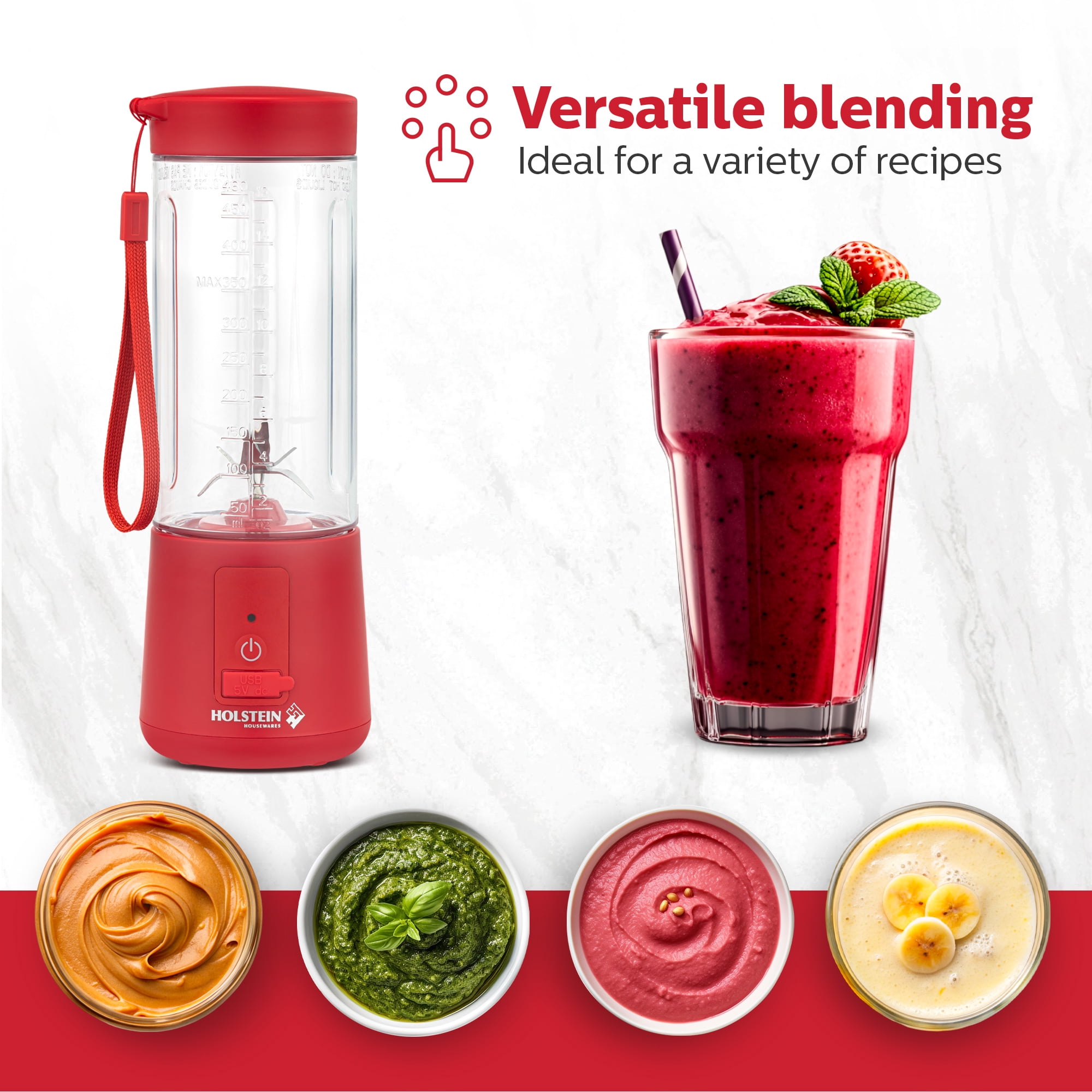 Holstein Housewares Red USB Portable Blender, 16oz, Rechargeable with Type-C Charging, Spill-Proof Lid