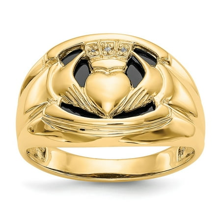 - 14K Yellow Gold 5 MM Men's Onyx and Diamond Claddagh Ring, Size 10