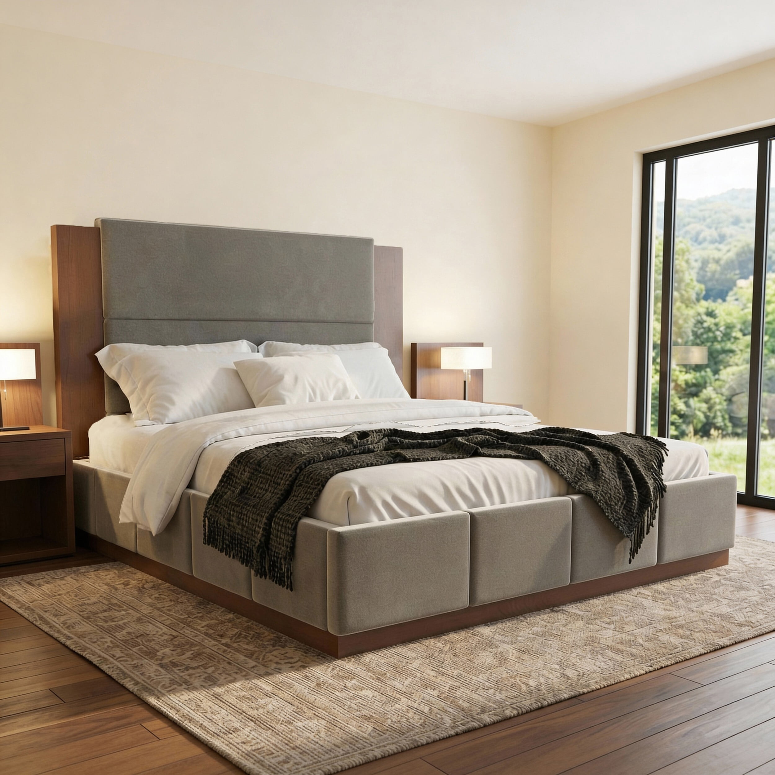 Euroco Upholstered Queen Size Platform Bed, Velvet Bed with High Wood Headboard, Grey