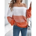 thumbnail image 5 of Women Crochet Knit Casual Color Block Off Shoulder Trendy Sweaters Pullover Lantern Sleeve Warm Tops Orange M, 5 of 8