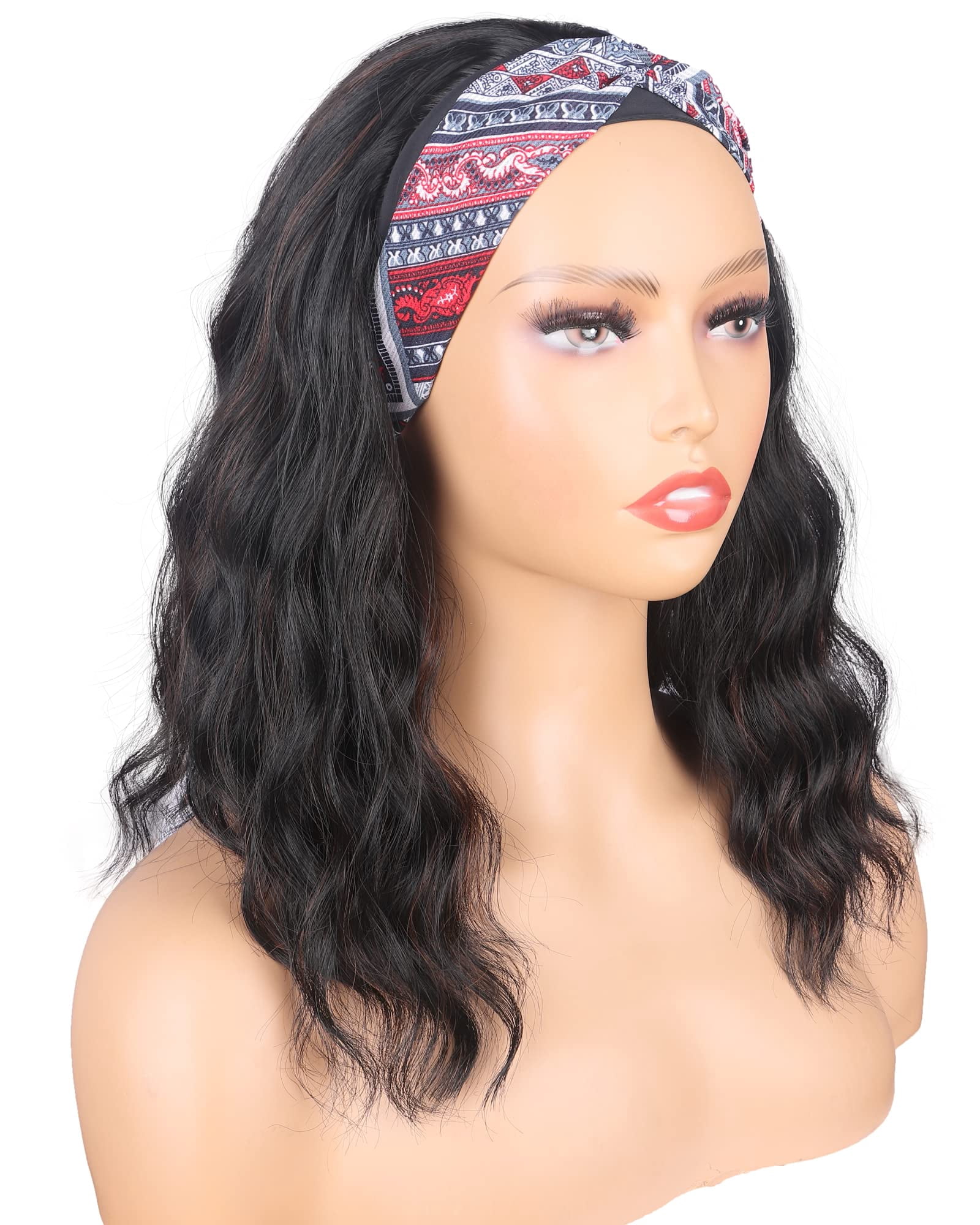 Black Headband Wigs With Brown Highlights For Women 14 Inch Wavy Heat Resistant Synthetic Soft Light Natural Looking Hair Replacement Wigs