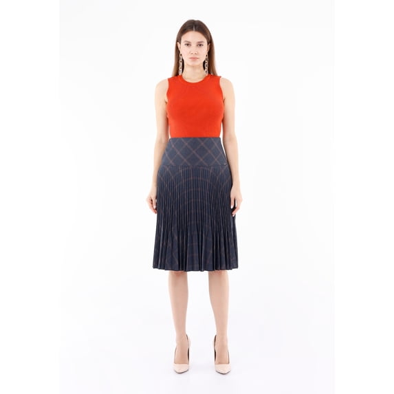 Navy Women's Accordion Pleated Plaid Flared Midi Skirt