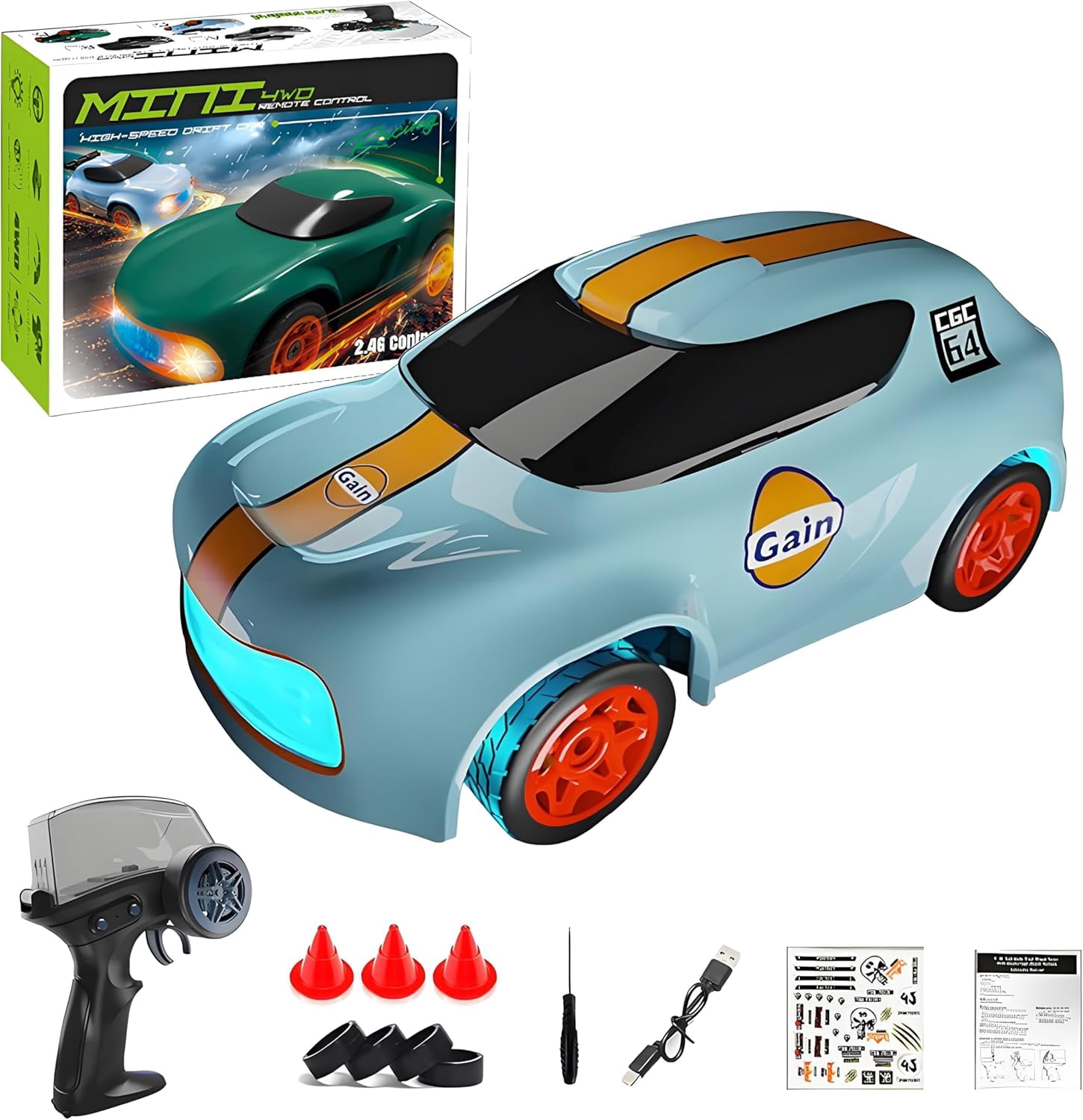 Desktop Mini RC Drift Car, 4WD High Speed 1/64 Scale Remote Control Car with Colors LED Lights, Mini Sport Race Cars for Adult
