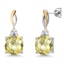 Gem Stone King 925 Silver and 10K Yellow Gold Yellow Lemon Quartz and White Moissanite Earrings for Women | 13.86 Cttw | Gemstone | Cushion Checkerboard 12MM