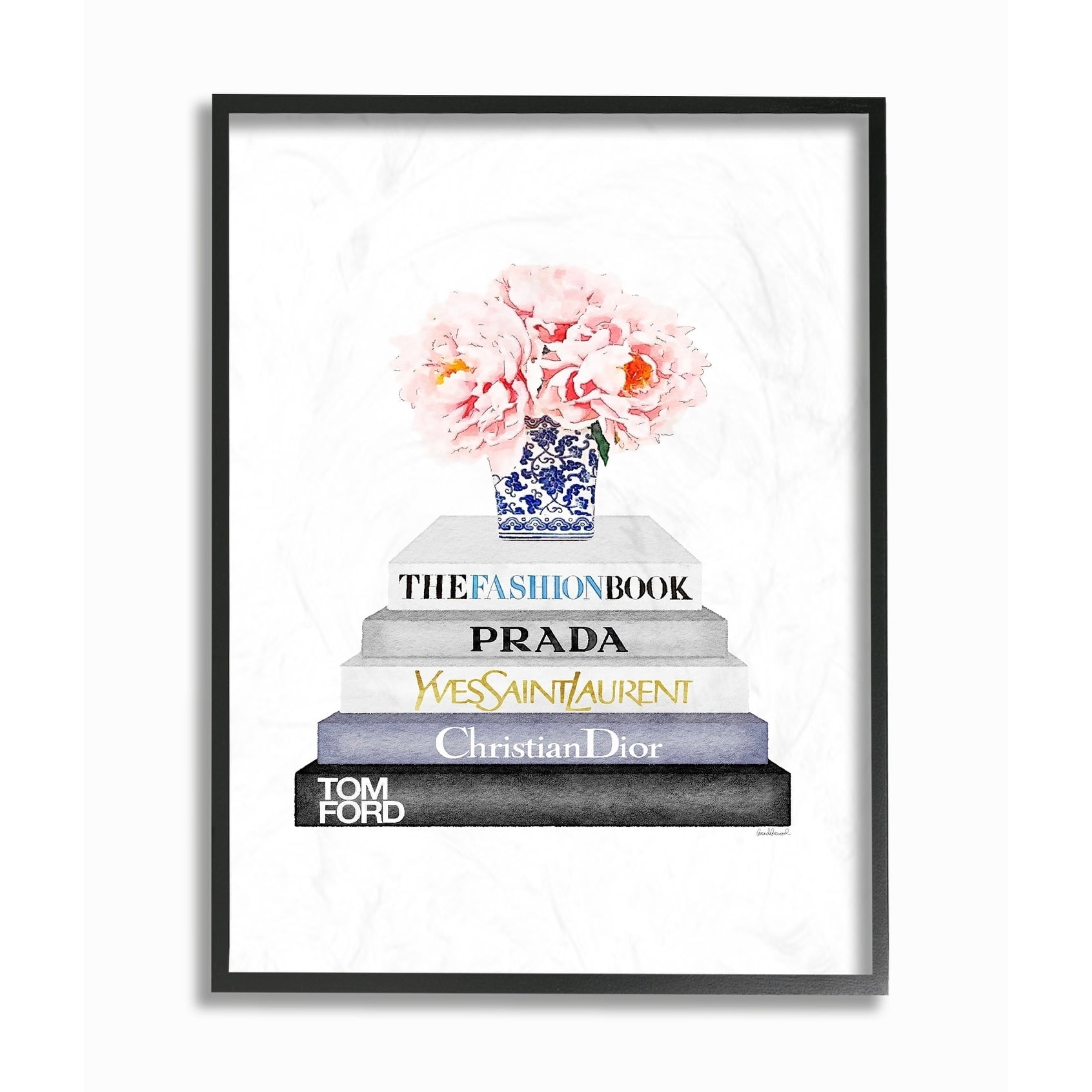 Stupell Grey Fashion Bookstack with Pink Flowers Framed Art, 11 x 14, Proudly Made Domestically - Multi-Color 24 x 30