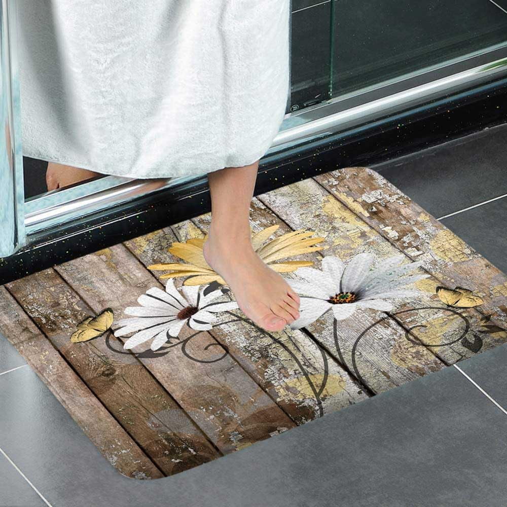 Farmhouse Floral Flower Bath Mat, Daisy Rustic Wooden Plank Country Barn Wood Yellow Flower Non-Slip Flannel Soft Doormat Floor Entryways Outdoor Indoor Front Door Mat, (17X29)
