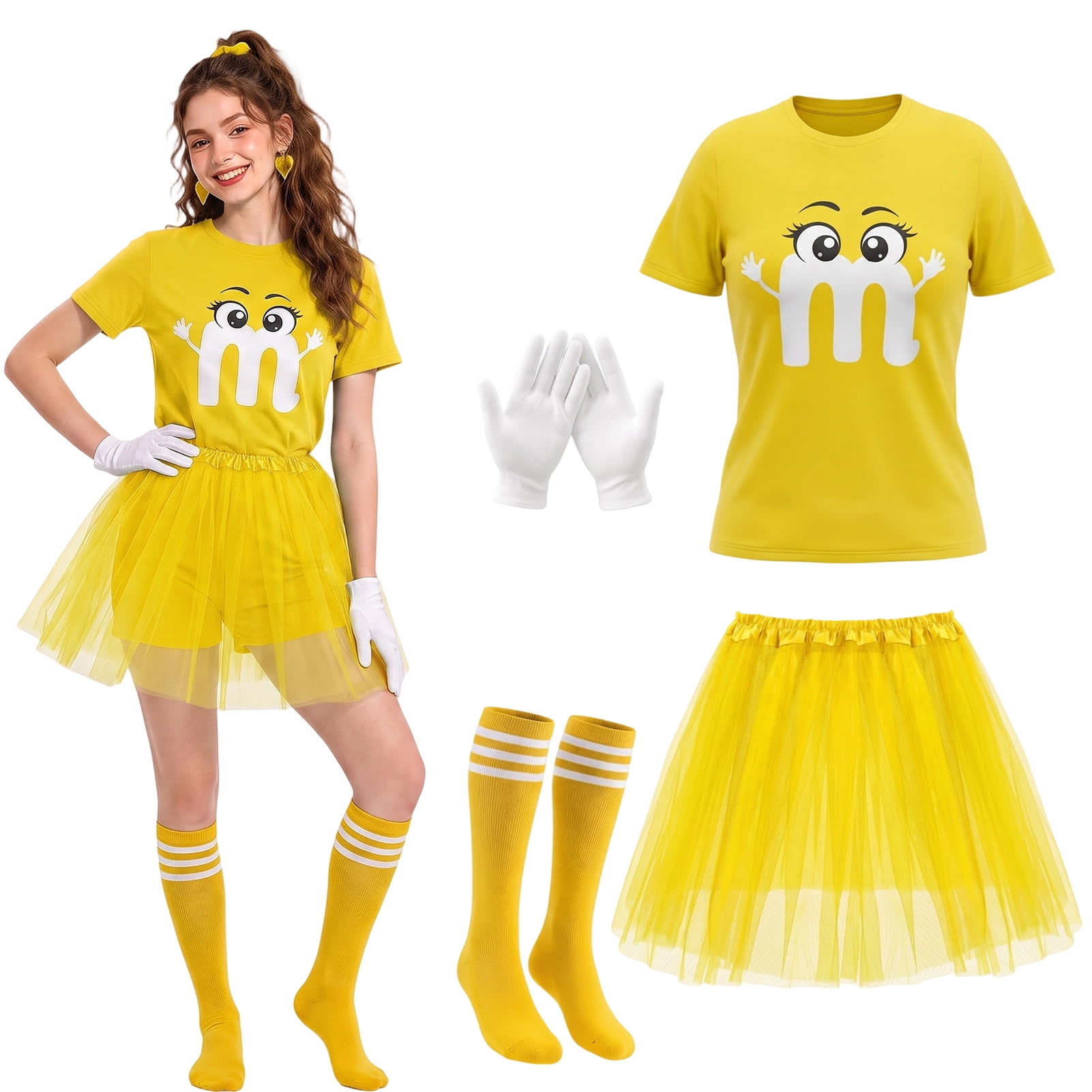 Forfamy Halloween Costumes Letter M Tutu Skirts, Halloween Shirts for Women Team Group Costumes, Yellow Candy Costume for Halloween