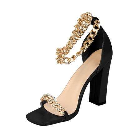 

Wmkox8yii Women s Shoes Metal Chain Diamond Shiny Block High Heel Pumps Ankle Strap Casual Square Toe Sandals