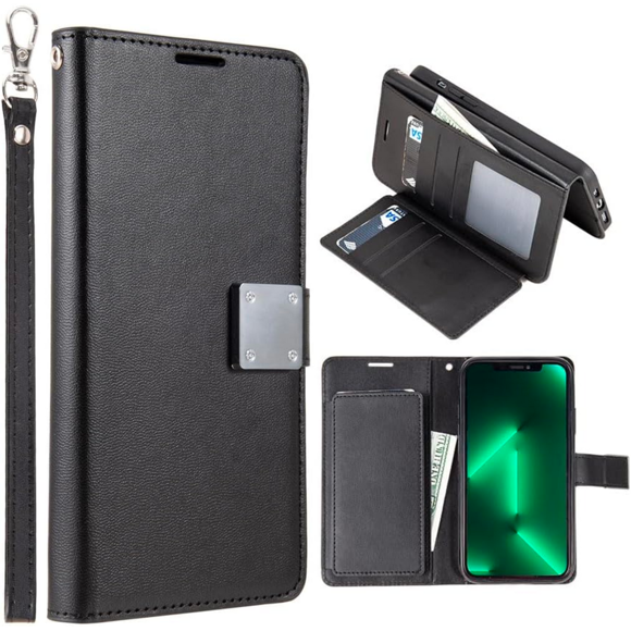 Entronix Wallet Case for Apple iPhone 15 Leather Wallet Case, Built In Kickstand with Lanyard, 6 Card Slots Holder Folio Flip Phone Case for Apple iPhone 15, Black