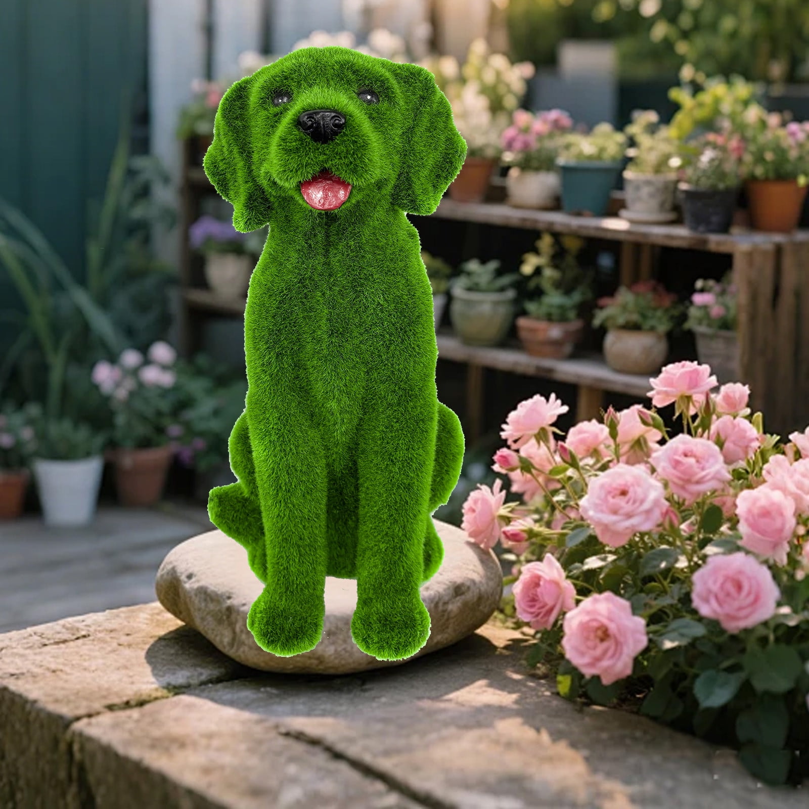 Garden Animal Sculpture Resin Statue Ornament for Yard Entrance Home Outdoor Decor, Green, Flocked Dog