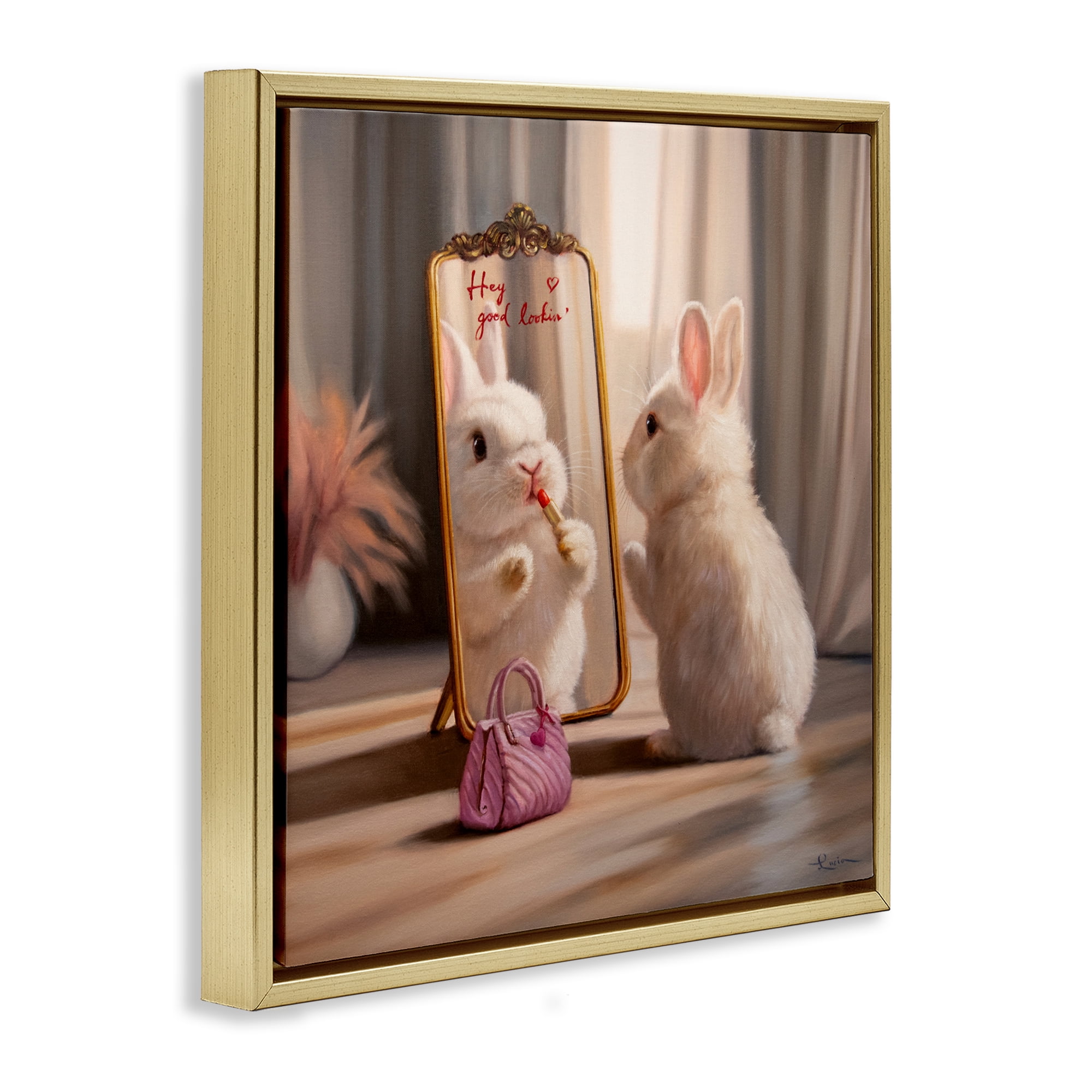 Stupell Industries Final Touch Makeup Bunny Gold Framed Floater Canvas Wall Art, design by Lucia Heffernan