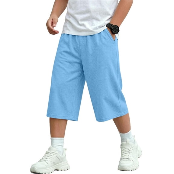 Amkhujs Boy's Pants Trendy Fall Elastic Waist 3/4 Length Cropped Pants with Pockets Lightweight Soft Casual Sweatpants for Exercise Wear