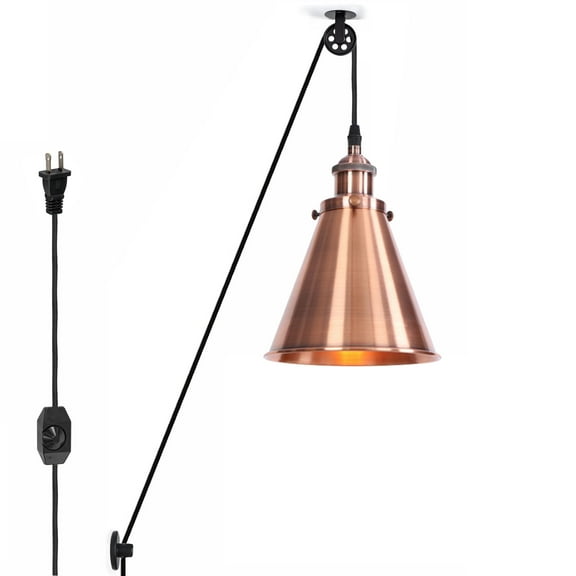 Kiven 1-Light Plug in Pendant Light,Industrial Pulley Hanging Light with 15FT Cord, Dimmable Ceiling Pendant Light, E26 Socket, Copper Red Finish