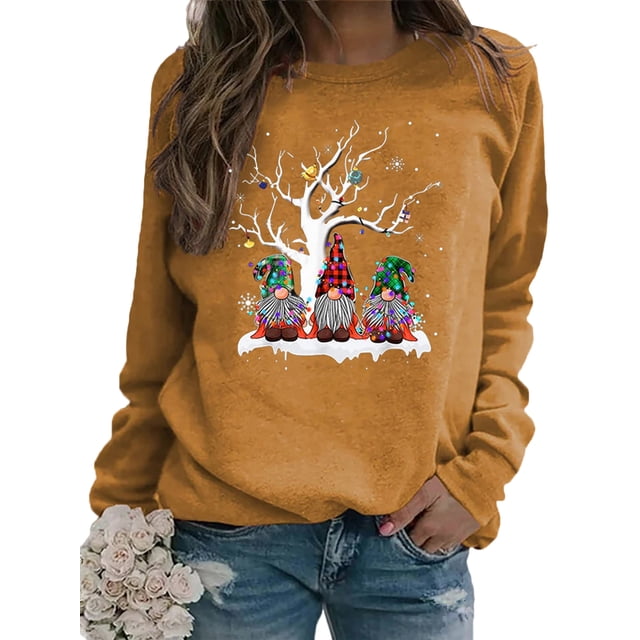 Innerwin Sweatshirts de Noël Imprimé Gnome pour Femmes Pull Col Rond Confortable Khaki m