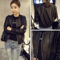 thumbnail image 3 of Autumn Winter Women Slim Fit Outerwear Zipper Round Collar O Neck Pu Leather Baseball Style Jacket Short Black Coat, 3 of 6