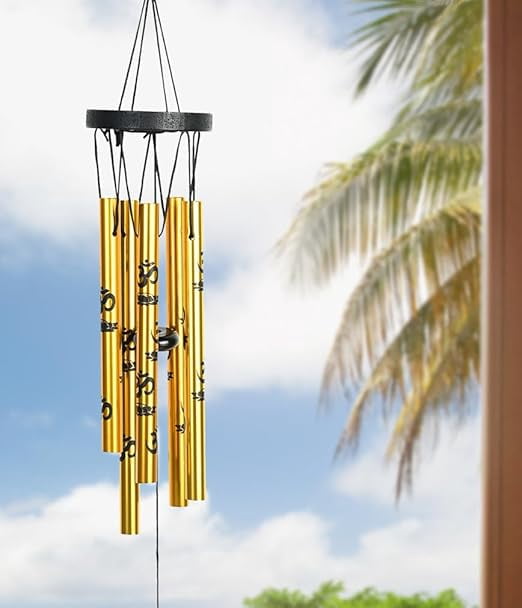 Feng Shui Metal Wind Chime with Om Design - 5-Pipe Golden Hanging Bells for Positive Energy | Good Luck Chimes for Home & Balcony Décor