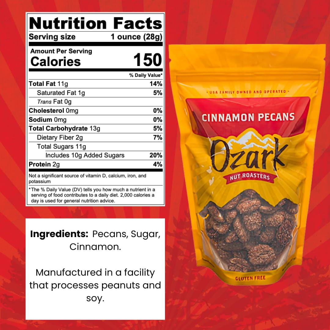 OZARK NUT ROASTERS, Cinnamon-coated Pecans, Flavored Snack Nuts with Cinnamon Spice, World-Class Gourmet Candied Peanuts in Resealable Pack (14 oz)