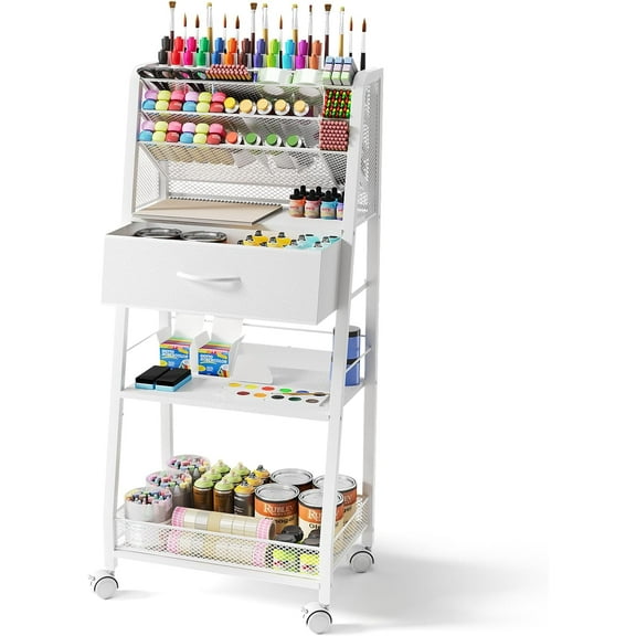 3 Tier Rolling Cart - Metal Utility Cart with Storage Drawer and Wheels Versatile Art Craft Organizer for Home Office or Studio - Ideal for Storing Brushes Paints and SuppliesWhite