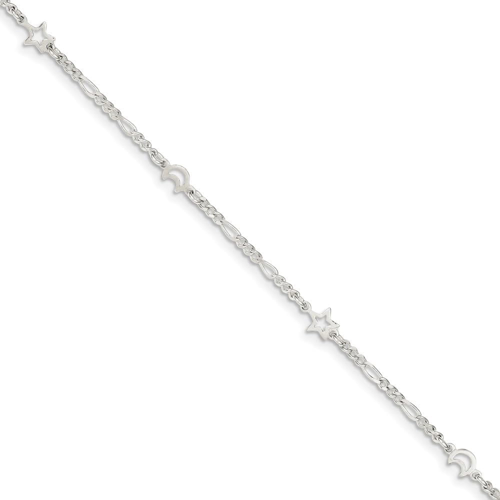 925 Sterling Silver 2mm Polished Moon and Star Chain Anklet with 1in Extender Length