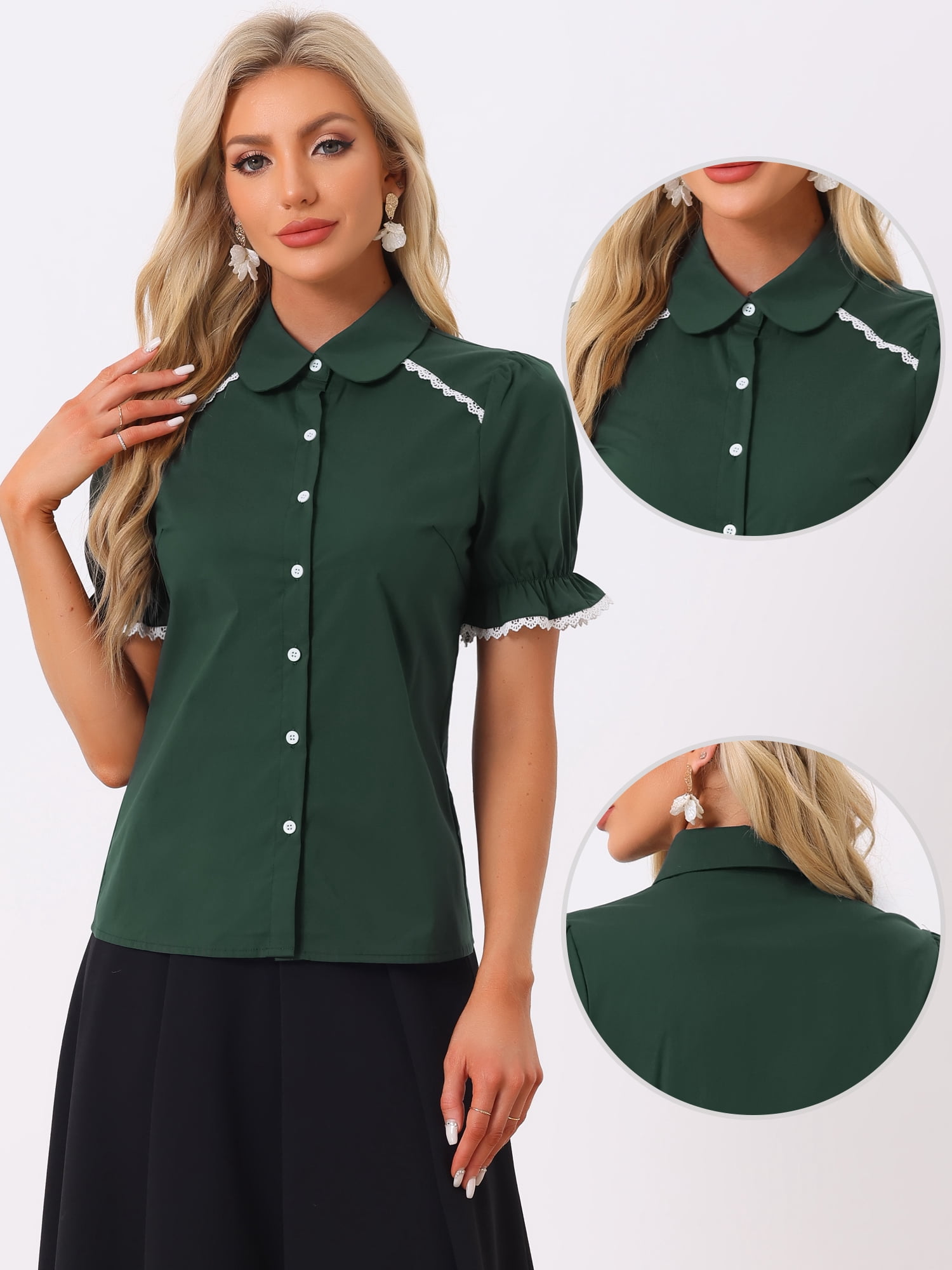 DARING DIVA Women's Peter Pan Collar Contrast Trim Puff Sleeve Shirt M Dark Green