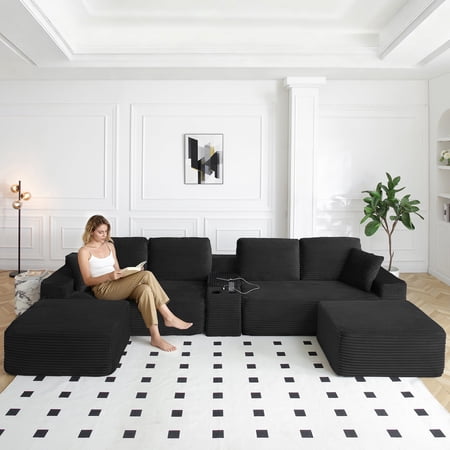Vanress 125 Inch Oversized Modern Cloud Couch, Modular Sectional Sofa Couch for Living Room, U Shape Couches with 2 Ottomans, USB Ports and Cup Holders, Corduroy Boneless Sofas, Black