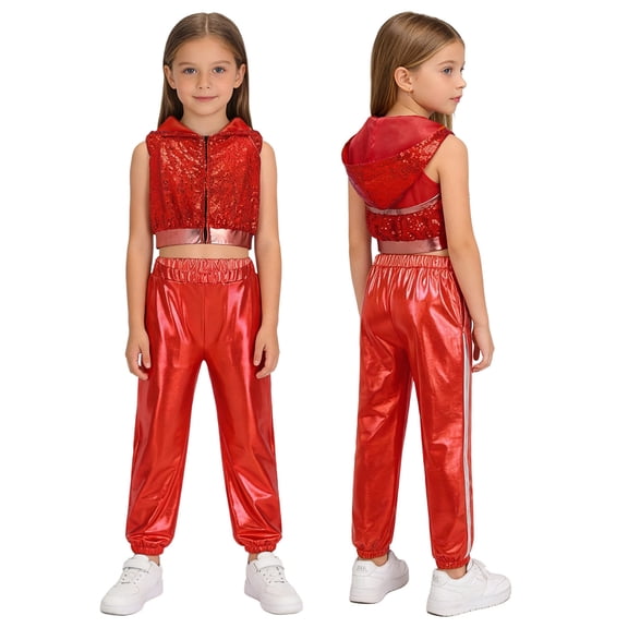 SiiRoh Girls Street Hip Hop Jazz Dance Outfits Sleeveless Sequin Hooded Vest Crop Top with Metallic Pants Set Red 14