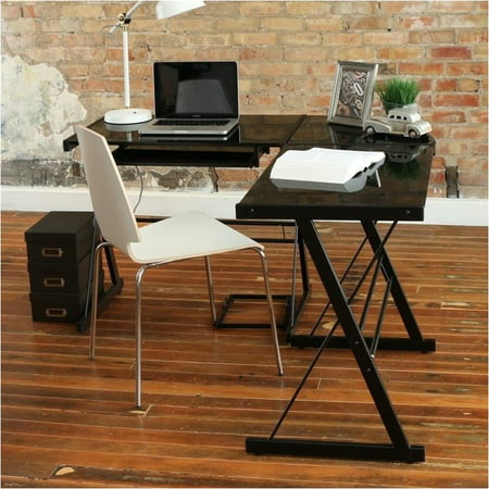 Pemberly Row Corner L Shaped Glass Top Computer Desk In Black