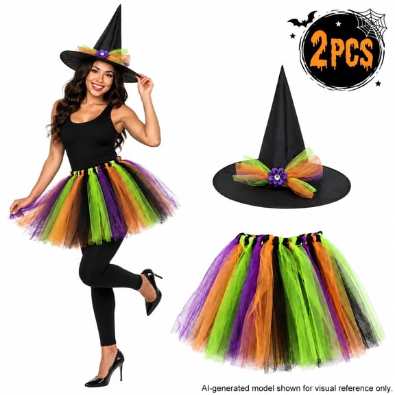 Halloween Witch Costume for Women Rainbow Witch Tutu Outfit Skirt Hat Free Size Halloween Party Dress Up Supplies Purple Set 1