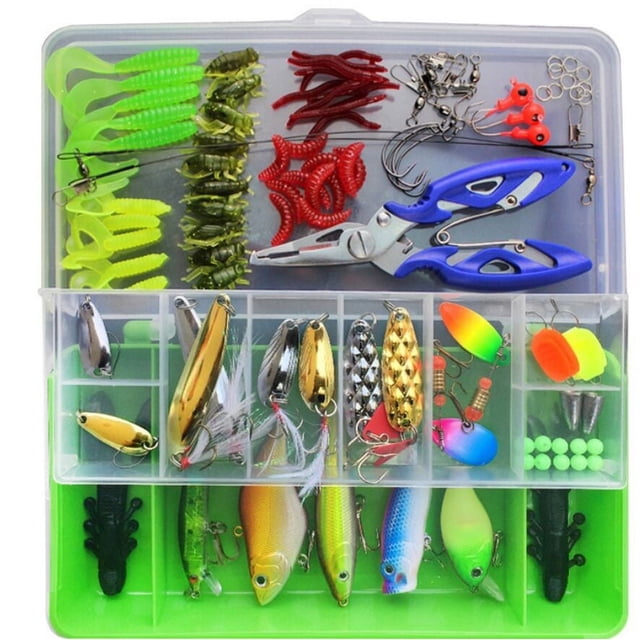 Equipo de pesca Gnobogi: Juego de 101 señuelos para trucha y lubina, crankbaits, anzuelos blandos y duros + caja. Ofertas de pesca a bajo precio. Liquidación.