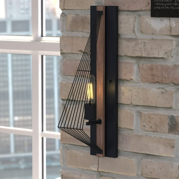 Dearborn 1 Light Black Oak Geometric Wire Cage Flush Wall Sconce