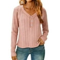 thumbnail image 2 of Women’s Long Sleeve Henley T Shirts Casual Vneck 3 Button Crop Shirts Basic Slim Fit Textured Eyelet Tunic Tops, 2 of 8