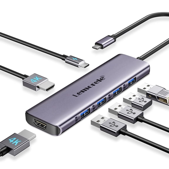 Savings Docking Station, Lemorele 7 in 1 Dual Display Aluminium Housing Adapter with Dual HDMI, USB 3.0 & USB 2.0, 100W PD, USB C Hub for PC, Laptop, Surface