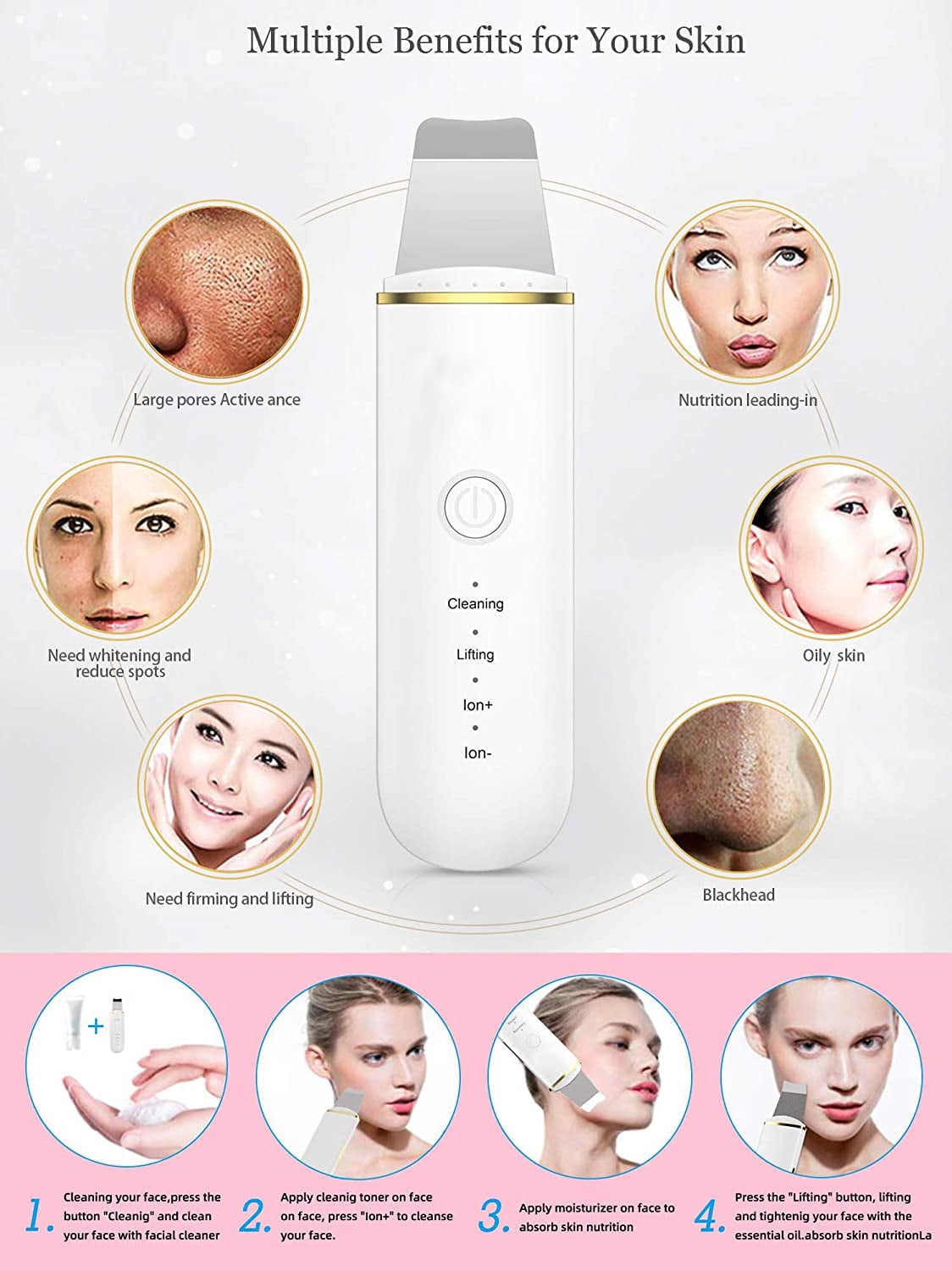 New Ultrasonic Skin Cleaner Removes Deep Oil Dirt and Blackheads Facial Cleansing and Enhances Exfoliating Vibrating Shovel Pore Cleaner