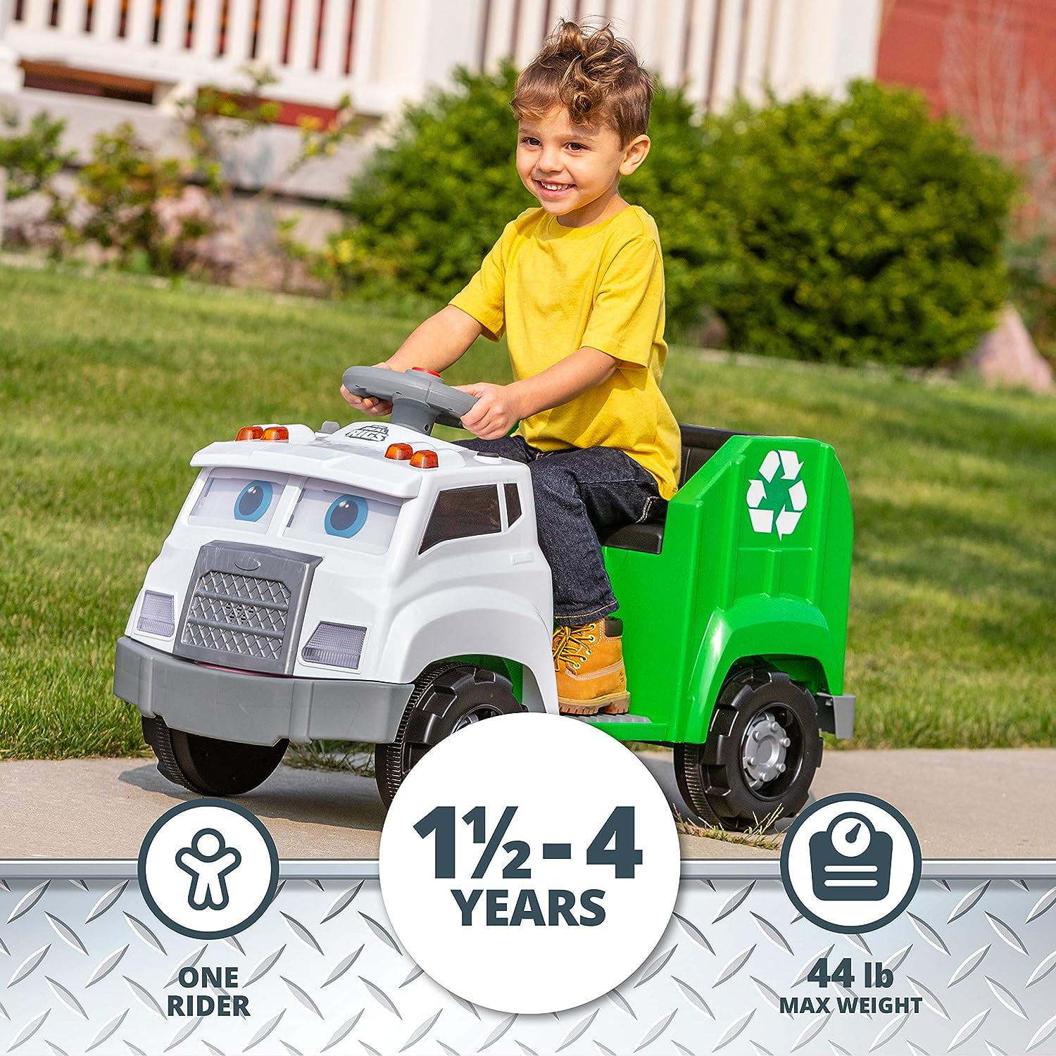 Kid Trax Real Rigs Toddler Recycling Truck Interactive Ride-On Toy, Kids Ages 1.5-4 Years, 6 Volts, 9 Recycling Accessories Included