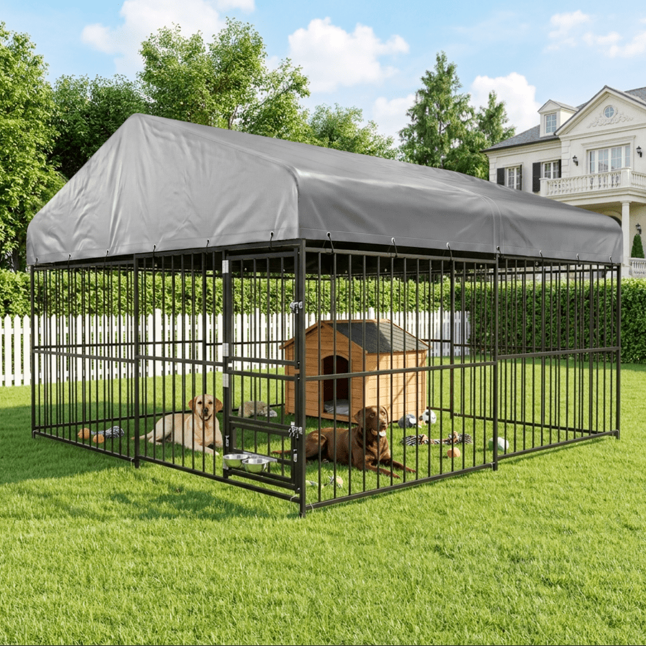 9.84x9.84x6.9ft Large Outdoor Dog Kennel, Heavy Duty Metal Dog Cage With Waterproof UV-Resistant Cover & Rotating Feeding Bowls, Secure Dog Playpen For Backyard
