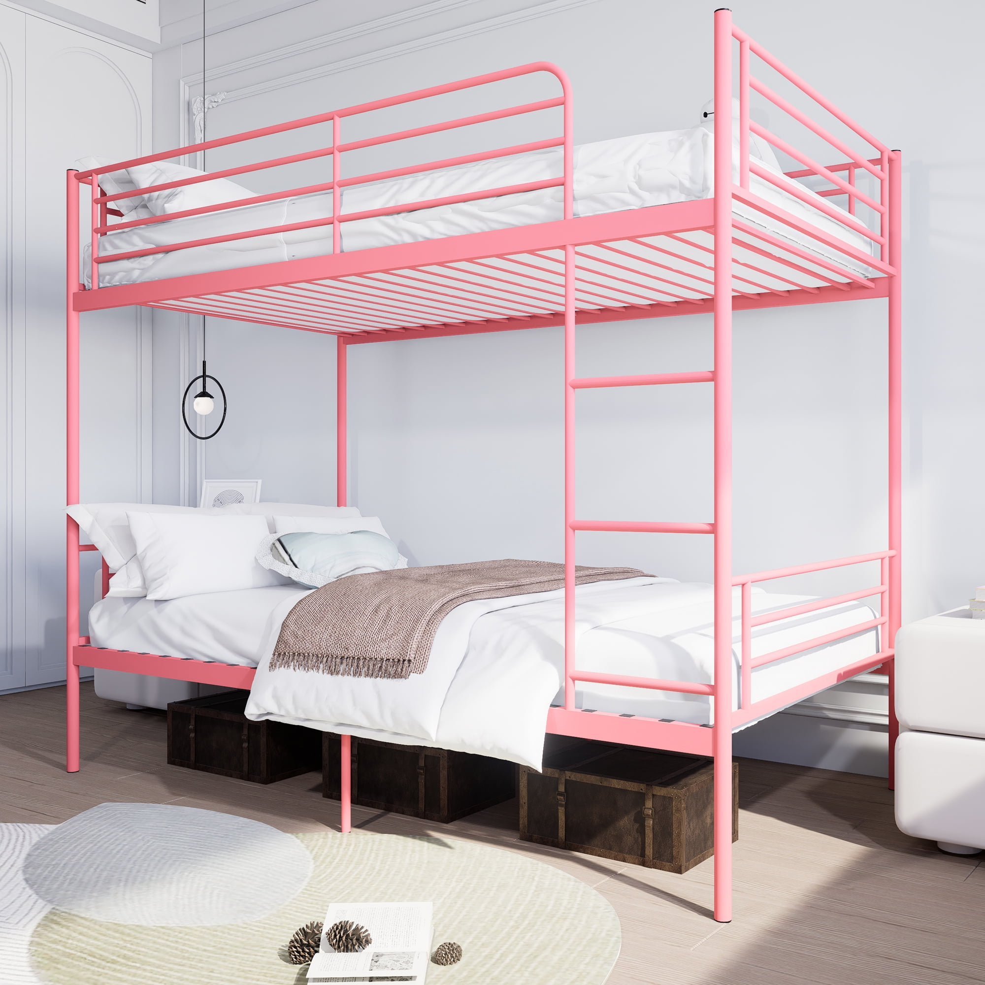 Leumius Twin over Twin Bunk Bed,Metal Bed Frame with Ladder and Guardrail,Noise Free,Easy Assemble,Able to Split 2 Bed,Pink