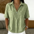 thumbnail image 2 of VBVC Women's Cotton-Linen Half-Zip Collared Shirt,Ladies Short Sleeve Pocketed Casual Blouse,Loose Fit Lightweight Summer Top for Women,Green,S-2XL, 2 of 8