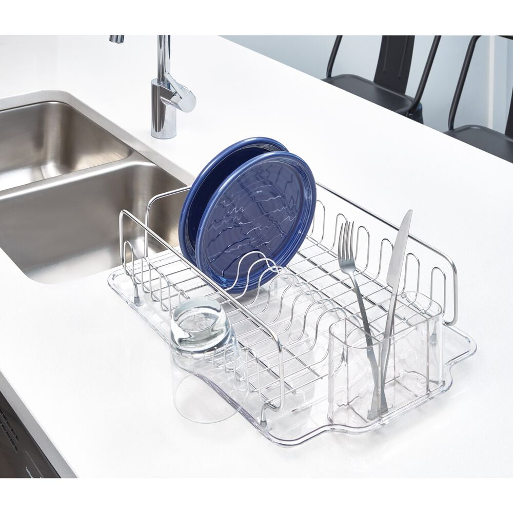 iDesign, Stainless Steel Sink Dish Drainer Rack with Tray Kitchen Drying Rack, Clear