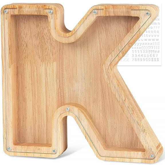 Wooden Piggy Bank, Personalized Letters Coin Bank Kids Money Bank, Text Engraved Money Box Wooden Piggy Bank Gift for Kids, Christmas Birthday Gift Home Decoration Ornaments (K)