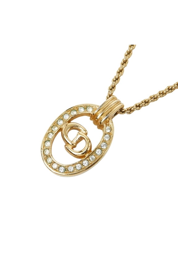 Pre-Owned Christian Dior Dior Logo Necklace, Gold Plated, Rhinestones, Women's