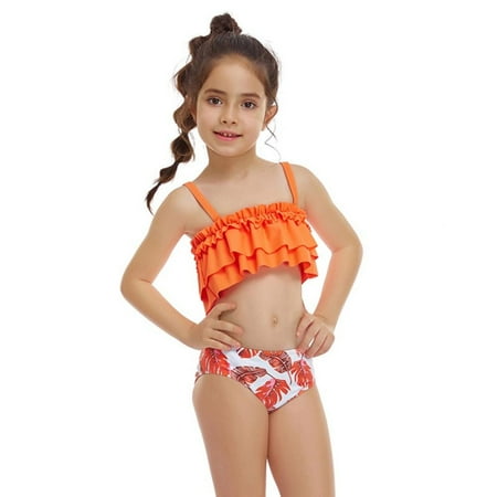 

Girls Ruffled Swimsuits Two-PiecesCami Crop Top And Floral Bikini Bottoms Quick Dry Swimwear Kids Sunsuit Tankini Suit 2-12T