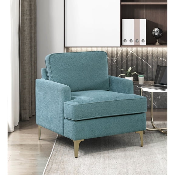 Newboti Furniture Modern Comfort Accent Chair 1pc Peacock Color Chenille Upholstery Gold Finish Metal Legs Living Room Furniture Durable Plywood 12367