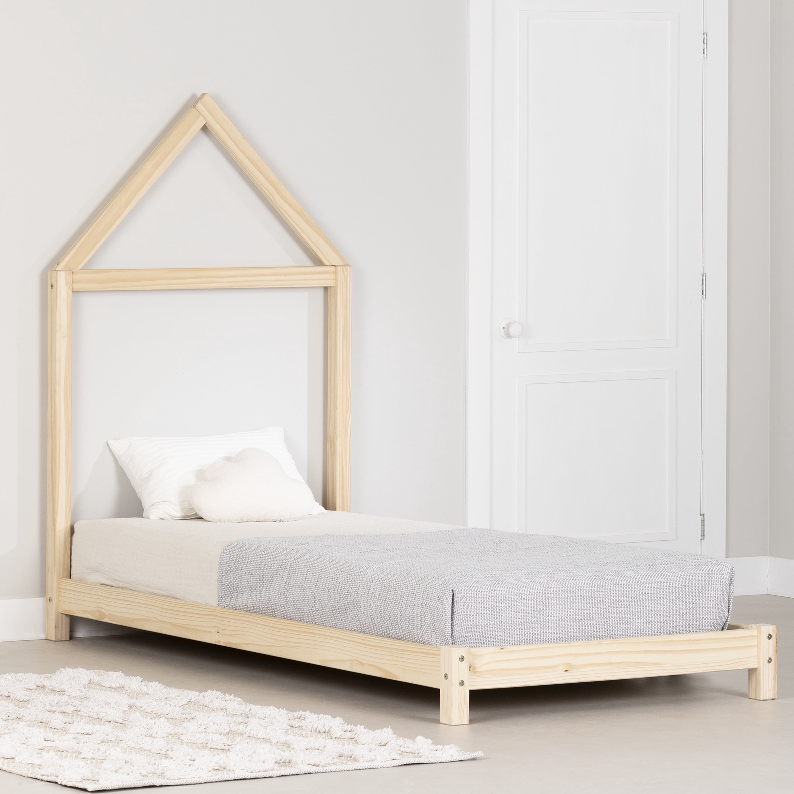 South Shore Sweedi, Scandinavian Twin Bed with House Frame Headboard, Natural