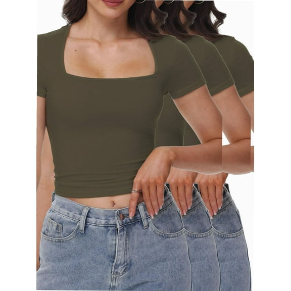 3-pack Army green Women's Square Neck Short Sleeve T Shirts Double Lined Basic Tee Slim Fit Tops