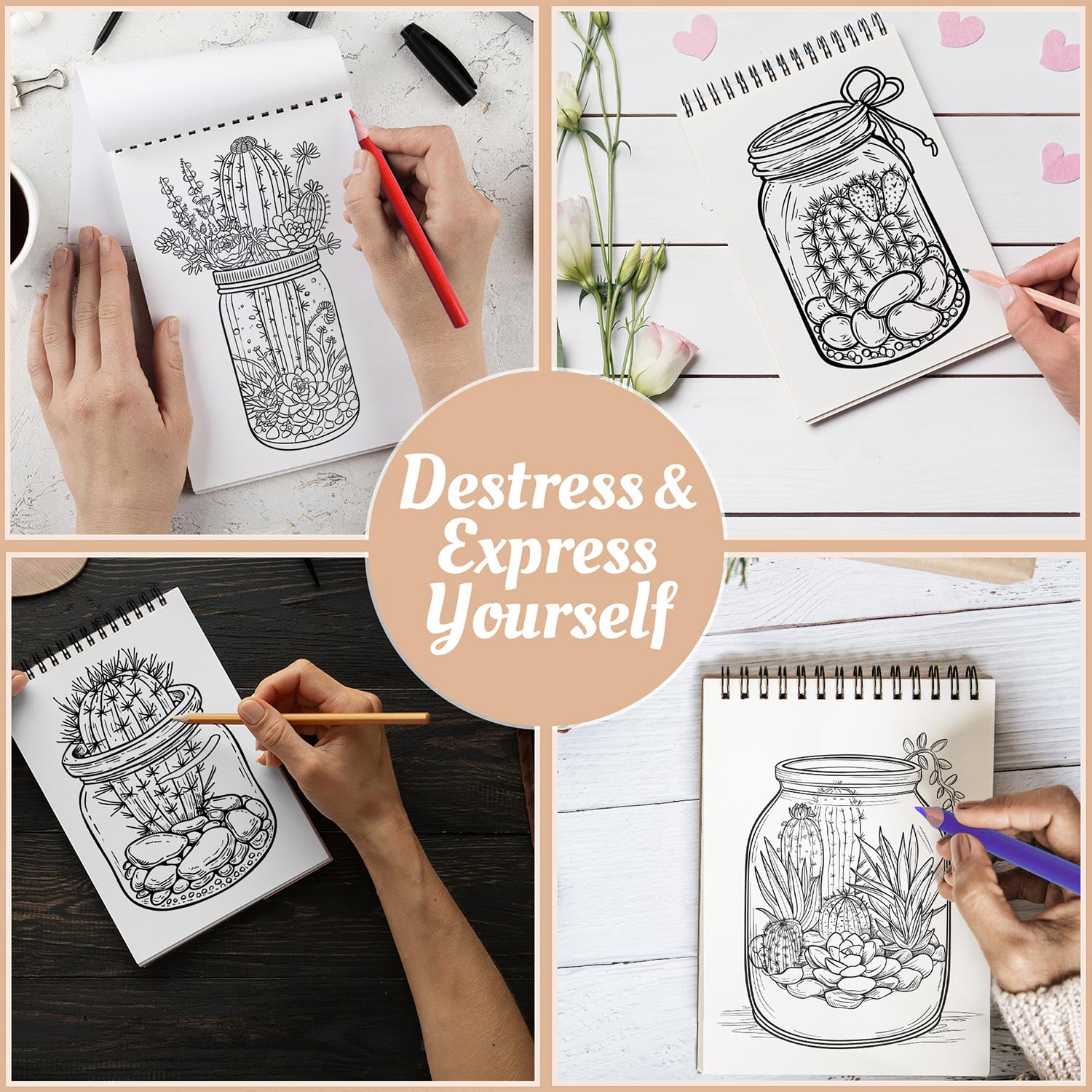 Netecom Cactus in Jars Coloring Book Spiral Bound for Adults, A5 Wooden Cover, 30 Beautiful Coloring Pages of Succulent Plants in Jar for Stress Relief and Relaxation