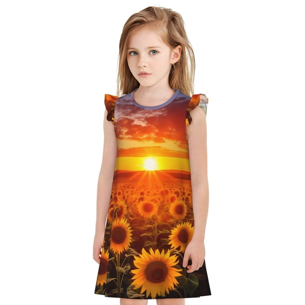 Balery Sunset Golden Sunflower Field Camisón de princesa para niñas, pijama de algodón con mangas abullonadas, suave y bonito.-X-Large