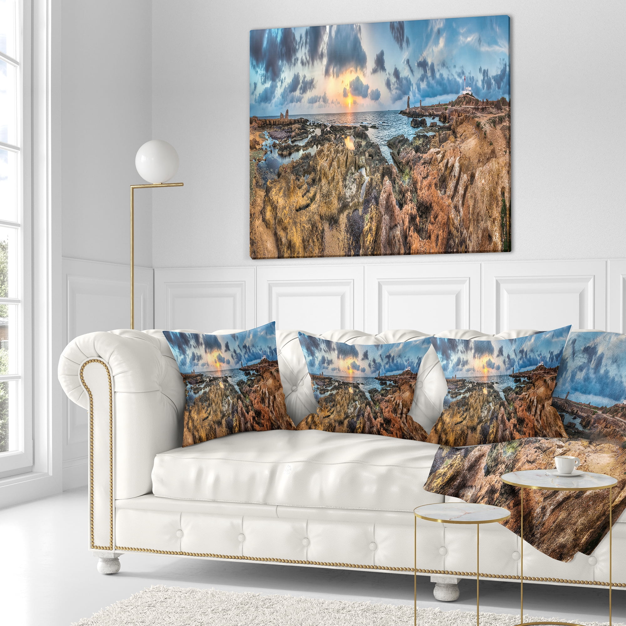 Designart Rocky with Historic Ruins Evening - Landscape Printed Throw Pillow - 16x16