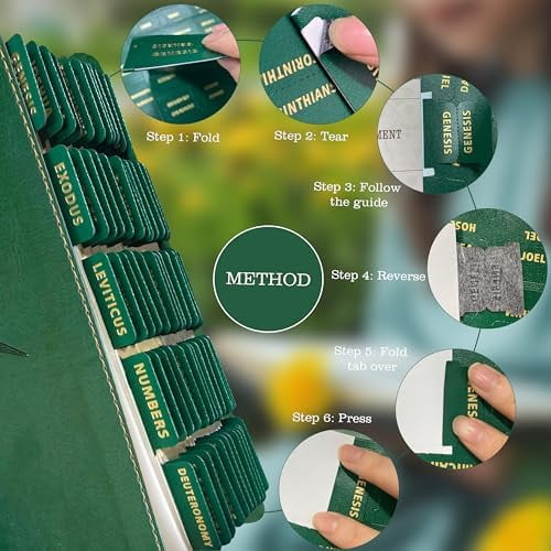 Bible Tabs for Women Men - 80 Large Gold Foil Laminated Green Leather Paper Index Tabs, 66 Old New Testament + 14 Blank Self-Stick Bible Journaling Supplies, Easy to Read & Navigate